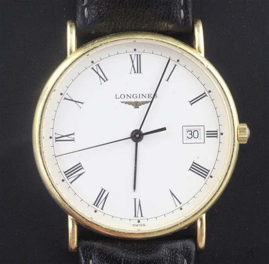 A gentlemans 18ct gold Longines quartz wrist watch,